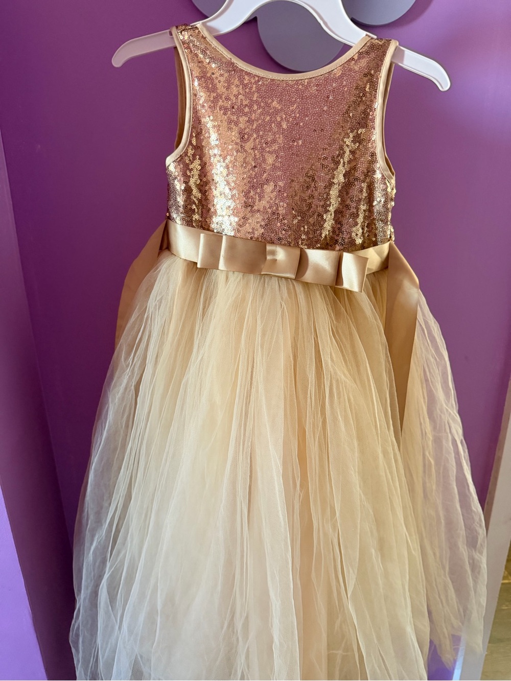Girls Gold Sequin & Tulle Party Dress with Bow